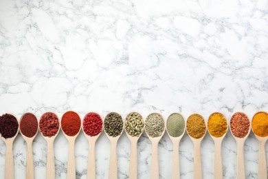 Photo of Different aromatic spices in spoons on white marble table, flat lay. Space for text