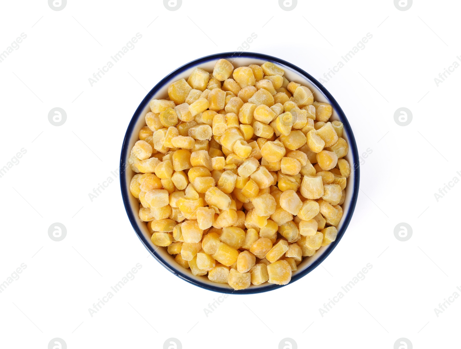 Photo of Frozen corn kernels in bowl isolated on white, top view