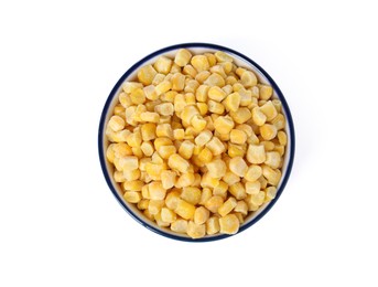 Photo of Frozen corn kernels in bowl isolated on white, top view