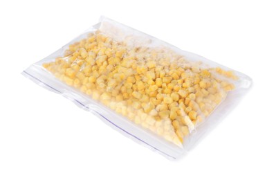 Photo of Frozen corn kernels in plastic bag isolated on white