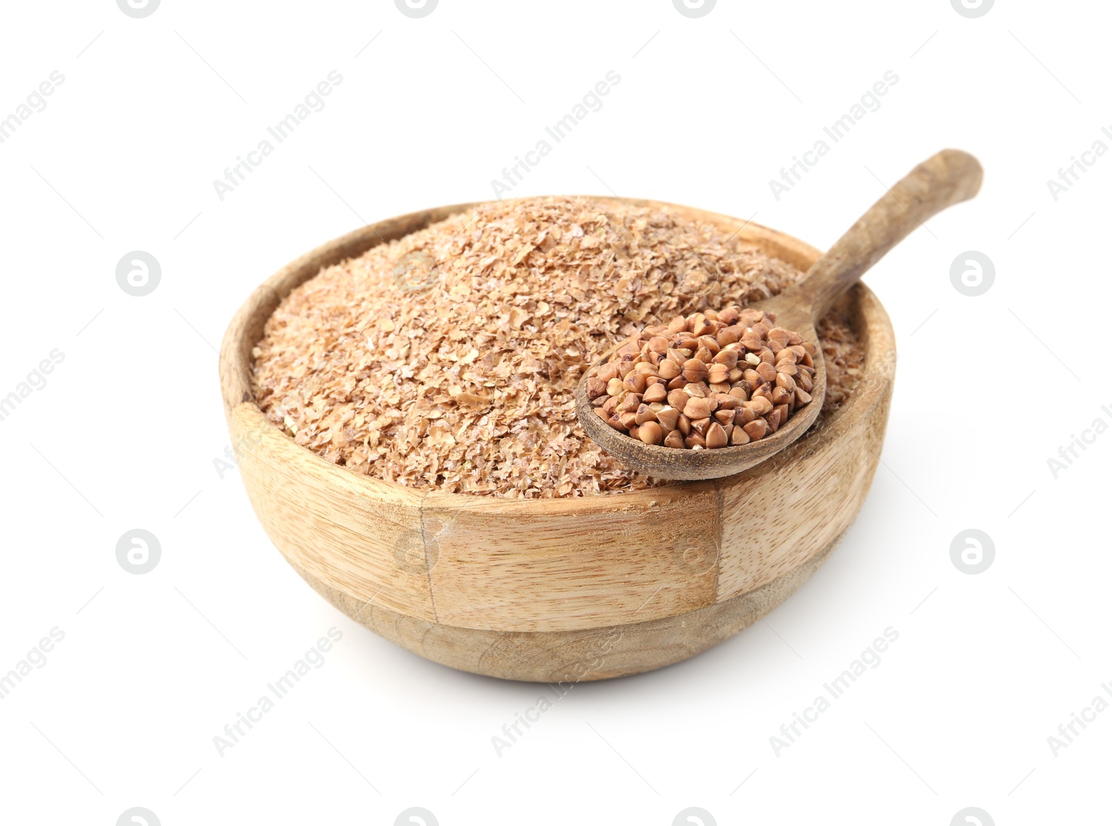 Photo of Buckwheat bran in wooden bowl and grains isolated on white