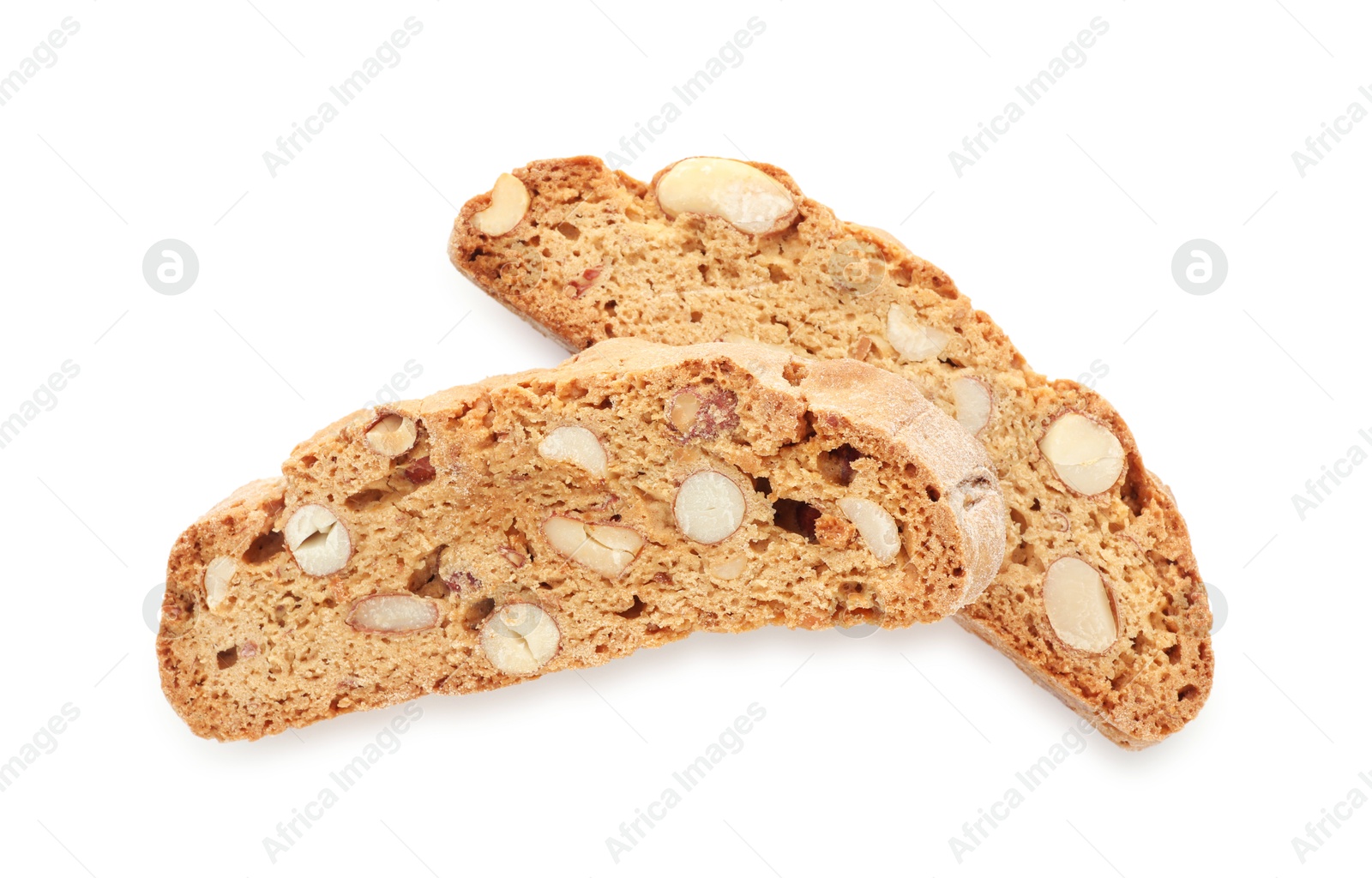 Photo of Traditional Italian almond biscuits (Cantucci) isolated on white, top view