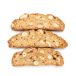 Photo of Traditional Italian almond biscuits (Cantucci) isolated on white, top view