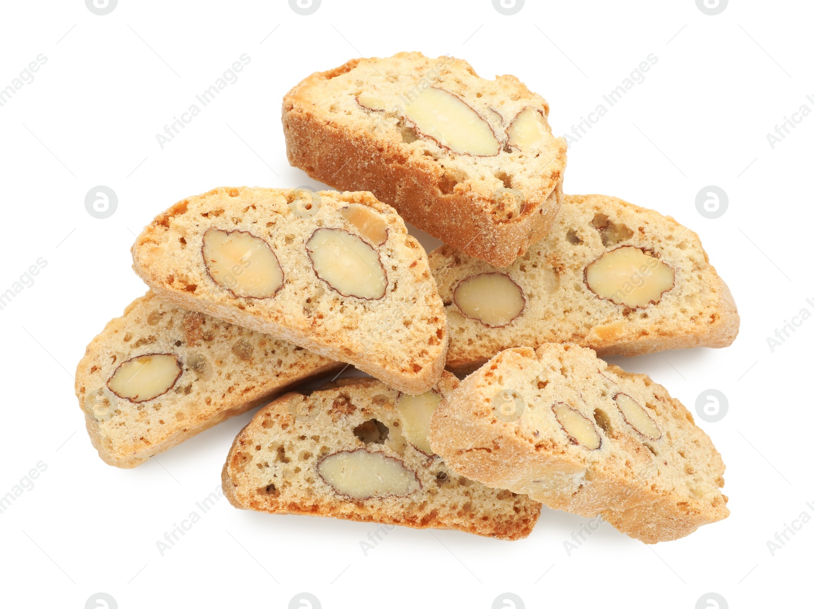 Photo of Traditional Italian almond biscuits (Cantucci) isolated on white, top view