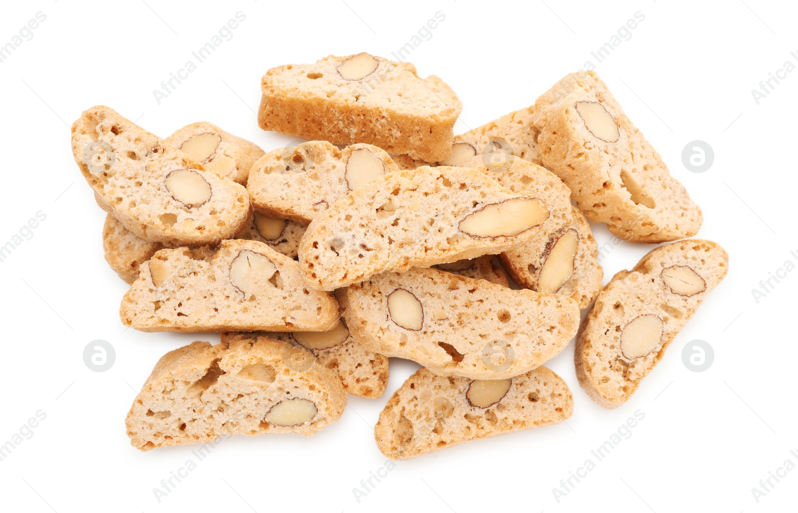 Photo of Traditional Italian almond biscuits (Cantucci) isolated on white, top view