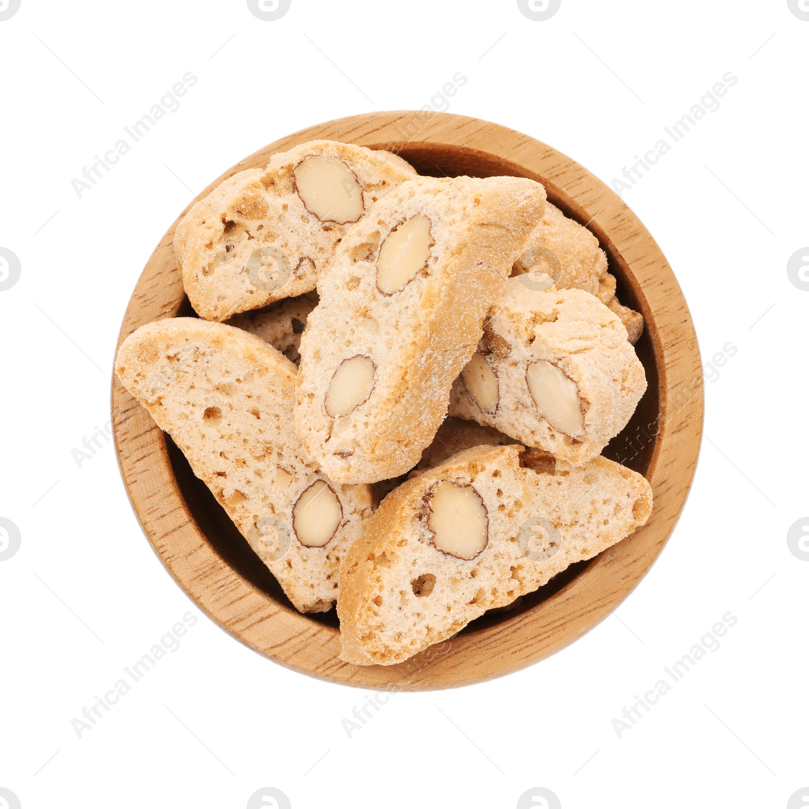 Photo of Traditional Italian almond biscuits (Cantucci) in bowl isolated on white, top view