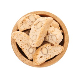 Traditional Italian almond biscuits (Cantucci) in bowl isolated on white, top view