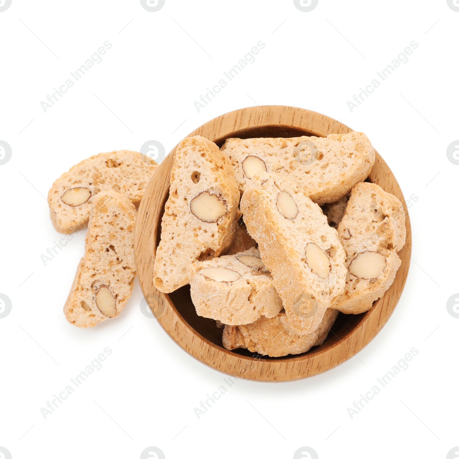 Photo of Traditional Italian almond biscuits (Cantucci) in bowl isolated on white, top view