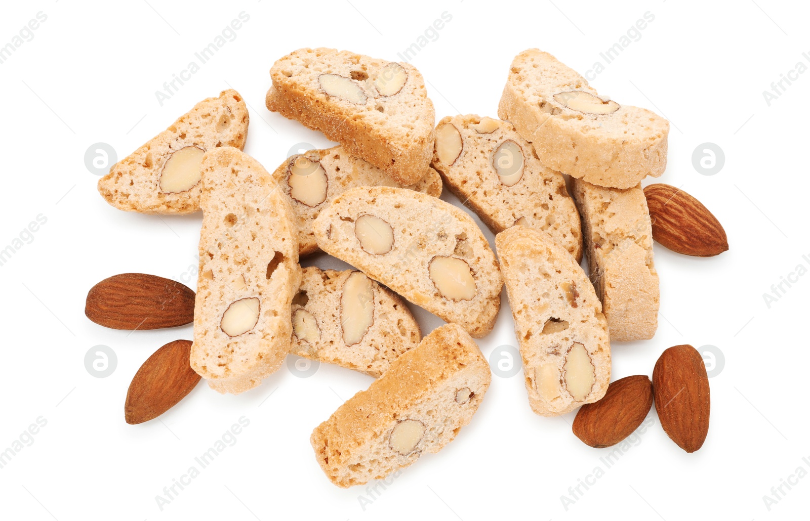 Photo of Traditional Italian almond biscuits (Cantucci) and nuts isolated on white, top view