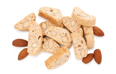 Traditional Italian almond biscuits (Cantucci) and nuts isolated on white, top view