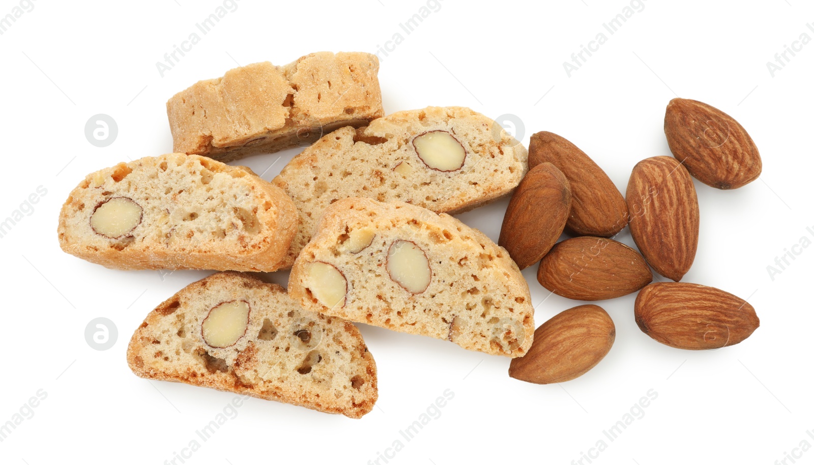 Photo of Traditional Italian almond biscuits (Cantucci) and nuts isolated on white, top view