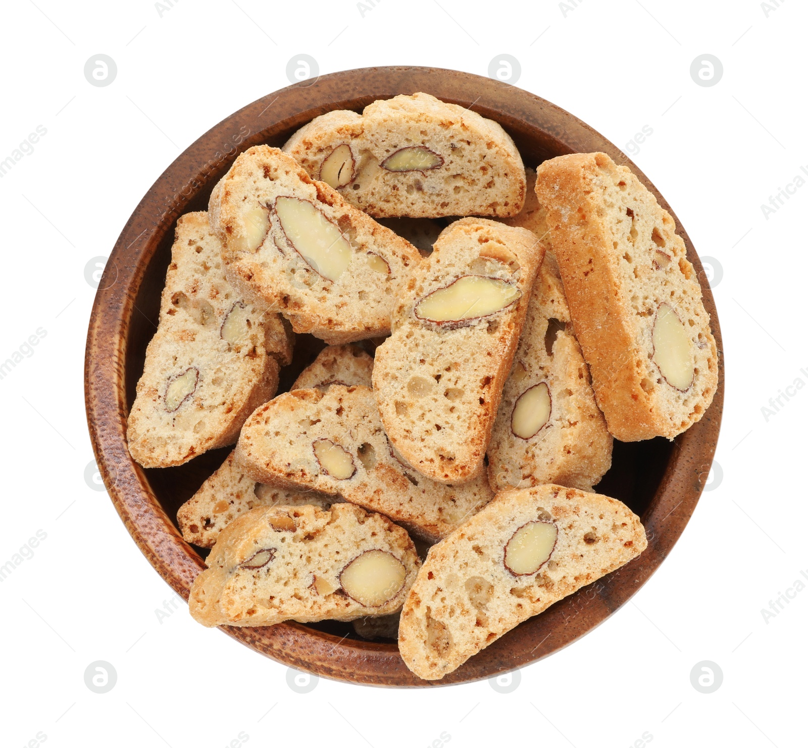 Photo of Traditional Italian almond biscuits (Cantucci) in bowl isolated on white, top view