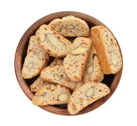 Photo of Traditional Italian almond biscuits (Cantucci) in bowl isolated on white, top view