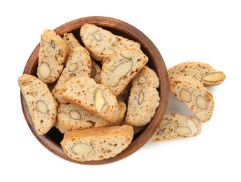 Photo of Traditional Italian almond biscuits (Cantucci) in bowl isolated on white, top view