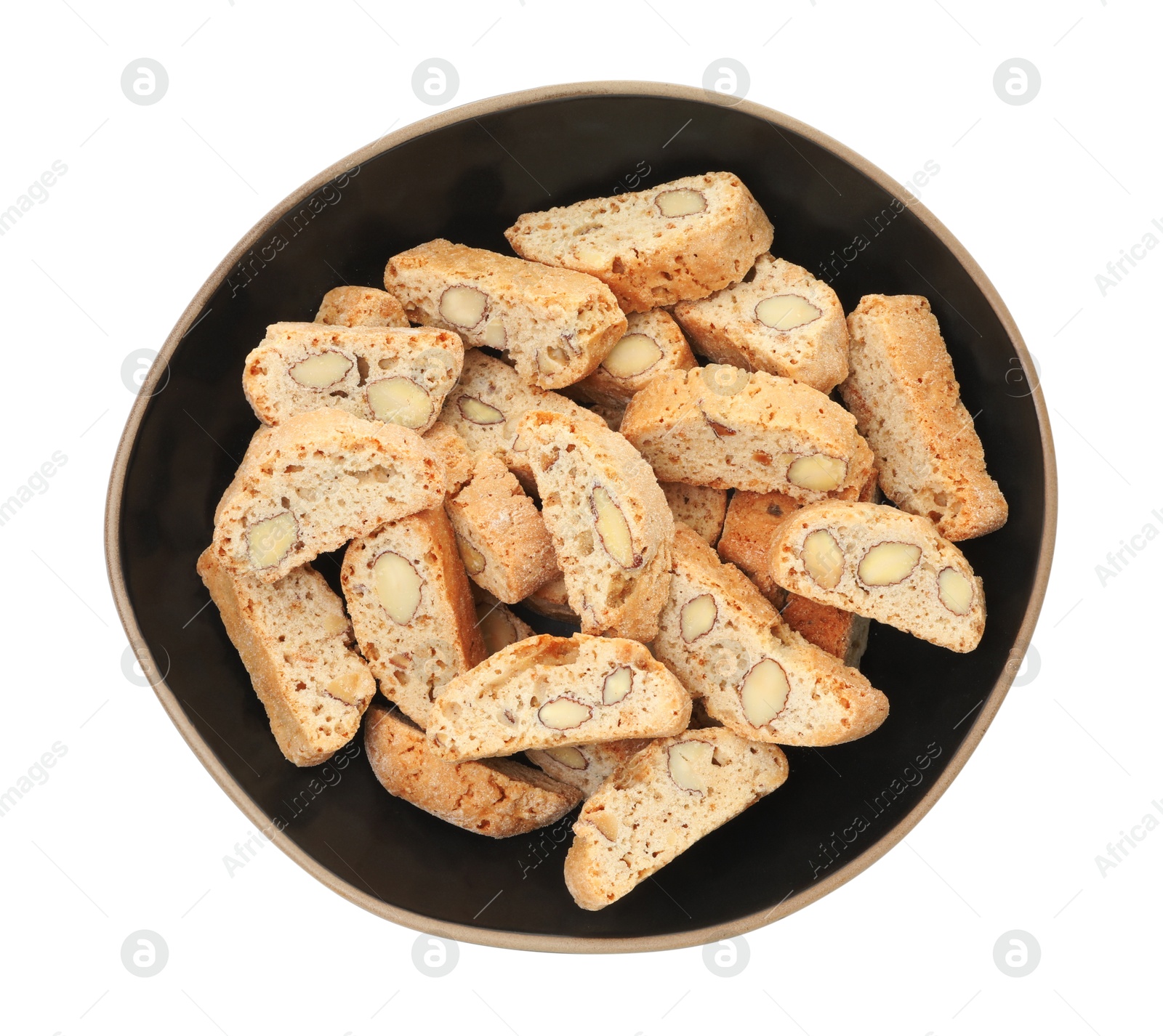 Photo of Traditional Italian almond biscuits (Cantucci) in bowl isolated on white, top view