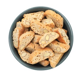 Photo of Traditional Italian almond biscuits (Cantucci) in bowl isolated on white, top view