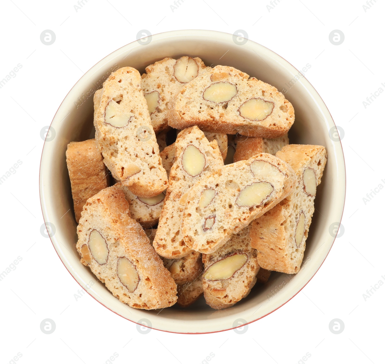 Photo of Traditional Italian almond biscuits (Cantucci) in bowl isolated on white, top view