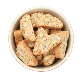 Traditional Italian almond biscuits (Cantucci) in bowl isolated on white, top view