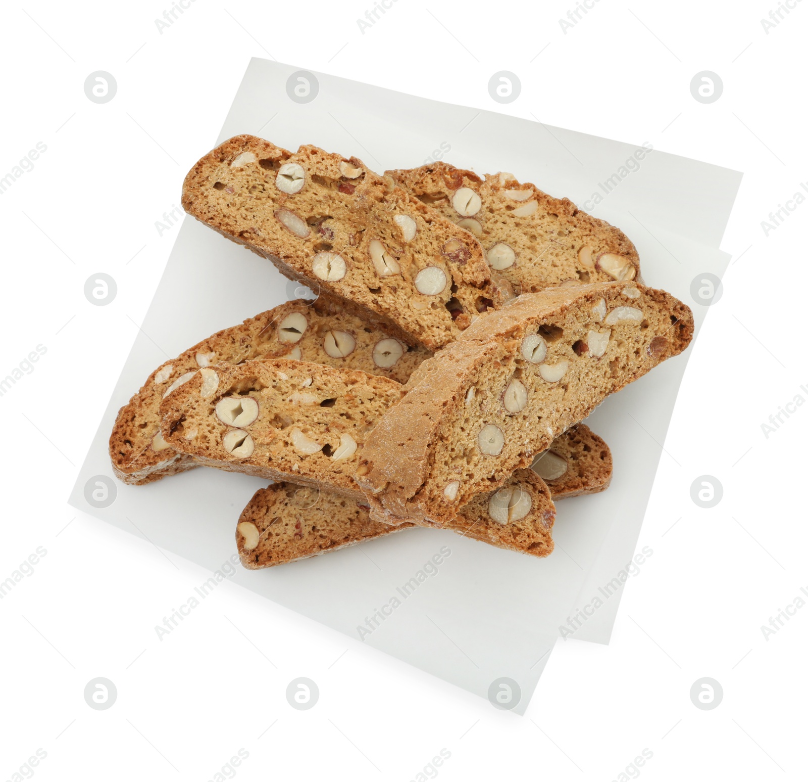 Photo of Traditional Italian almond biscuits (Cantucci) isolated on white, top view