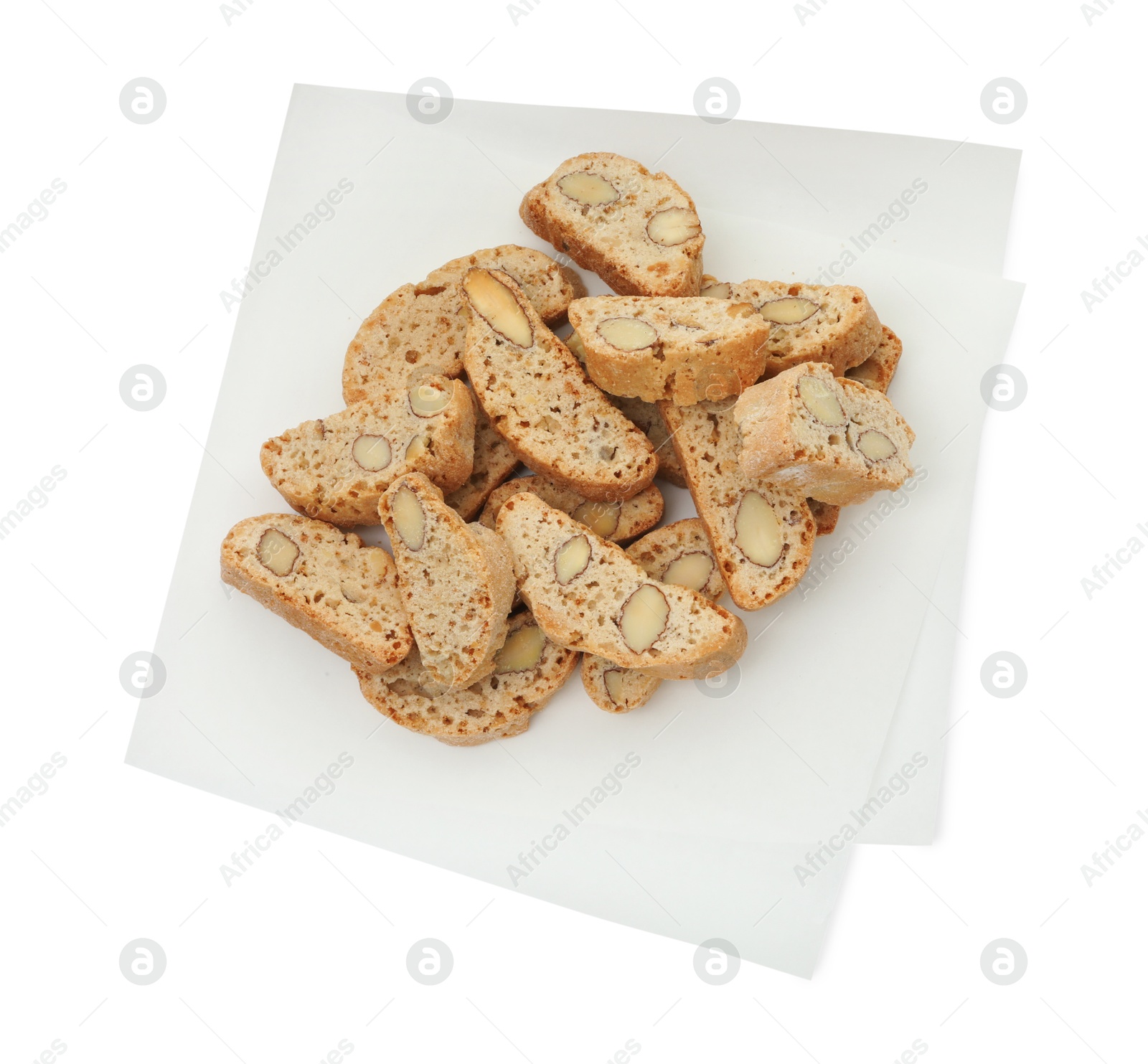 Photo of Traditional Italian almond biscuits (Cantucci) isolated on white, top view