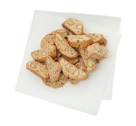 Photo of Traditional Italian almond biscuits (Cantucci) isolated on white, top view