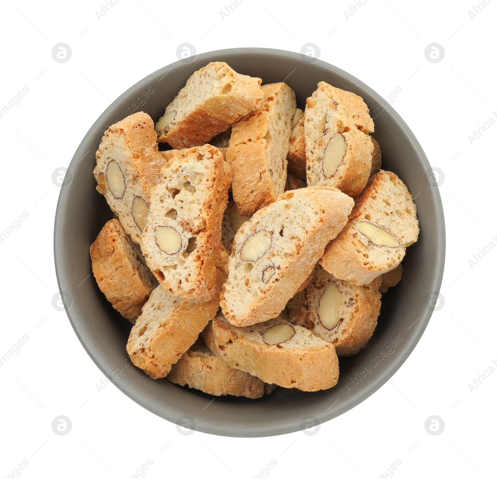 Photo of Traditional Italian almond biscuits (Cantucci) in bowl isolated on white, top view