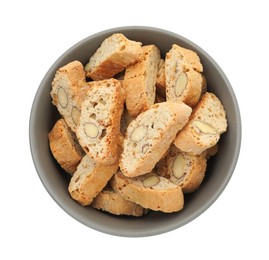 Photo of Traditional Italian almond biscuits (Cantucci) in bowl isolated on white, top view