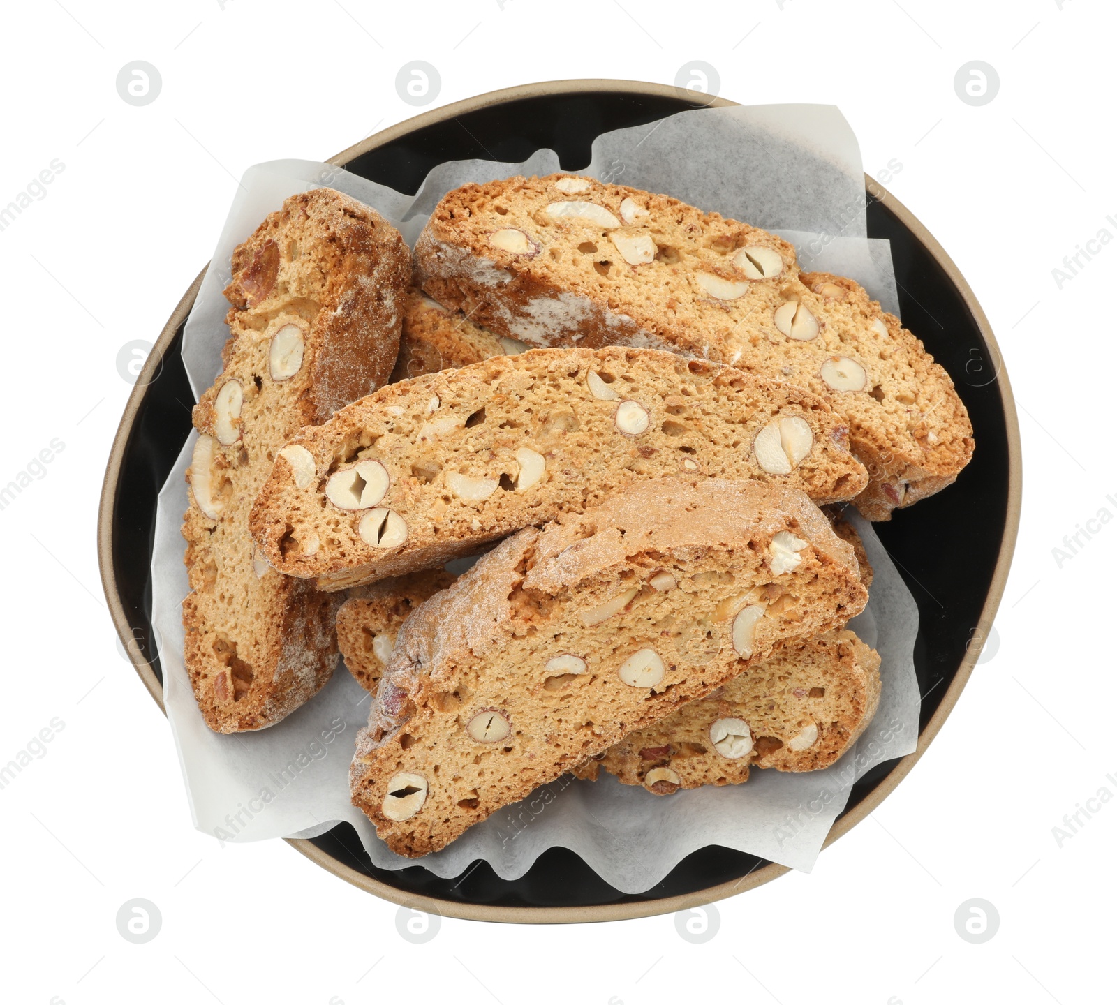 Photo of Traditional Italian almond biscuits (Cantucci) in bowl isolated on white, top view