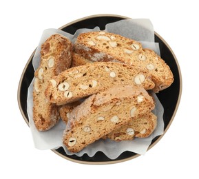 Traditional Italian almond biscuits (Cantucci) in bowl isolated on white, top view