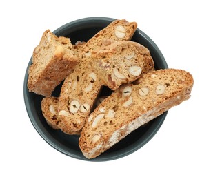 Photo of Traditional Italian almond biscuits (Cantucci) in bowl isolated on white, top view