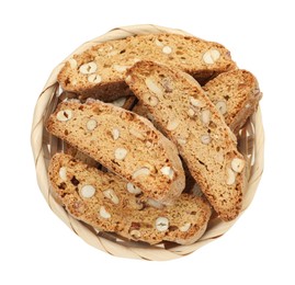 Photo of Traditional Italian almond biscuits (Cantucci) in bowl isolated on white, top view