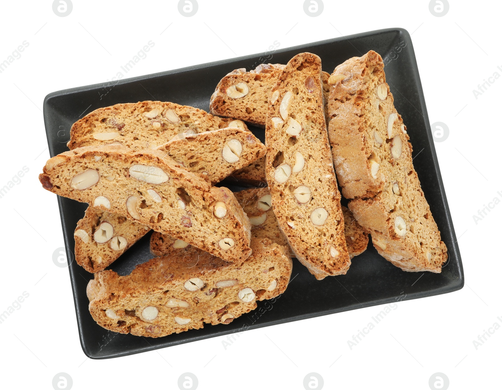 Photo of Traditional Italian almond biscuits (Cantucci) isolated on white, top view