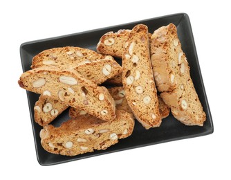 Photo of Traditional Italian almond biscuits (Cantucci) isolated on white, top view