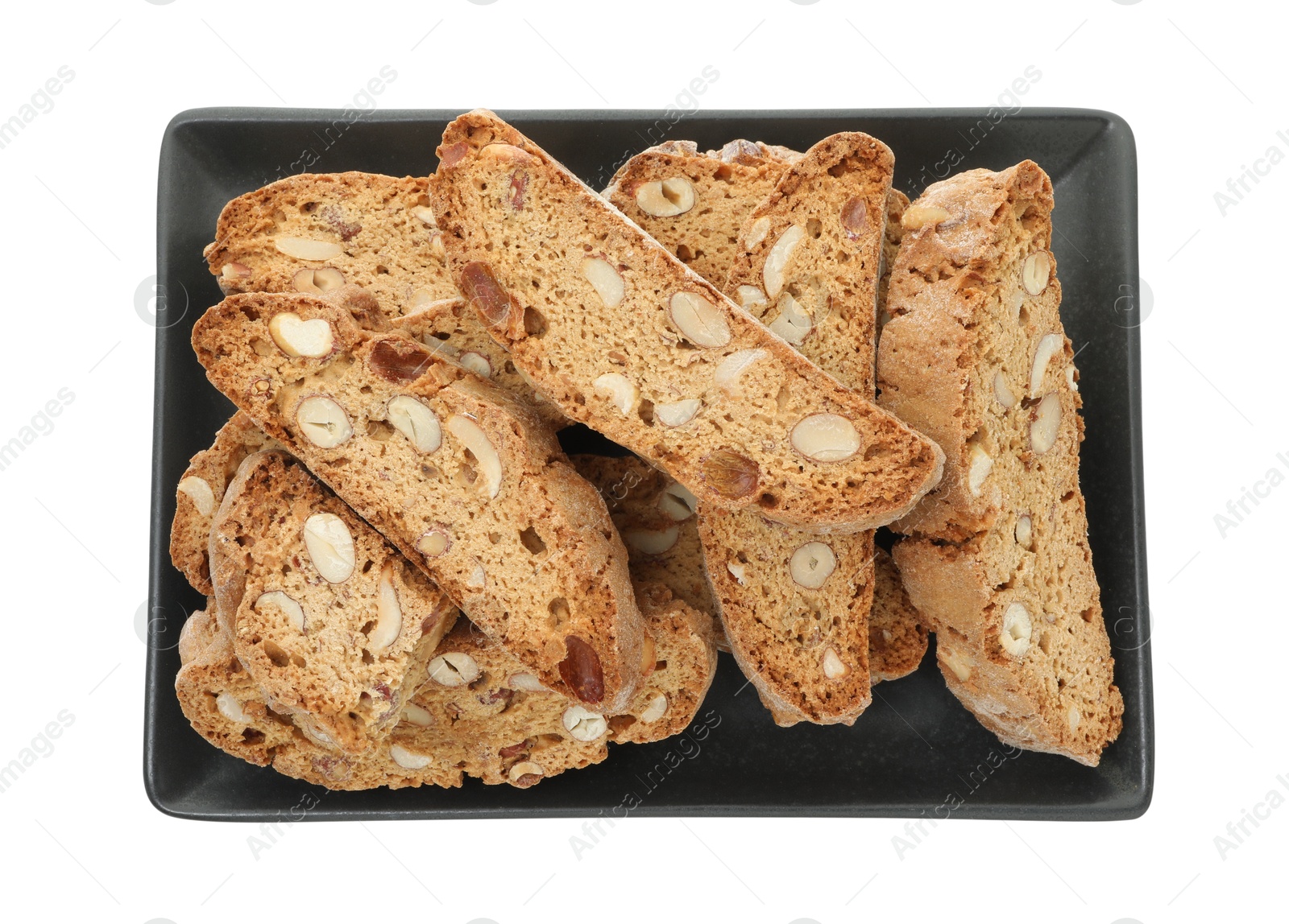 Photo of Traditional Italian almond biscuits (Cantucci) isolated on white, top view