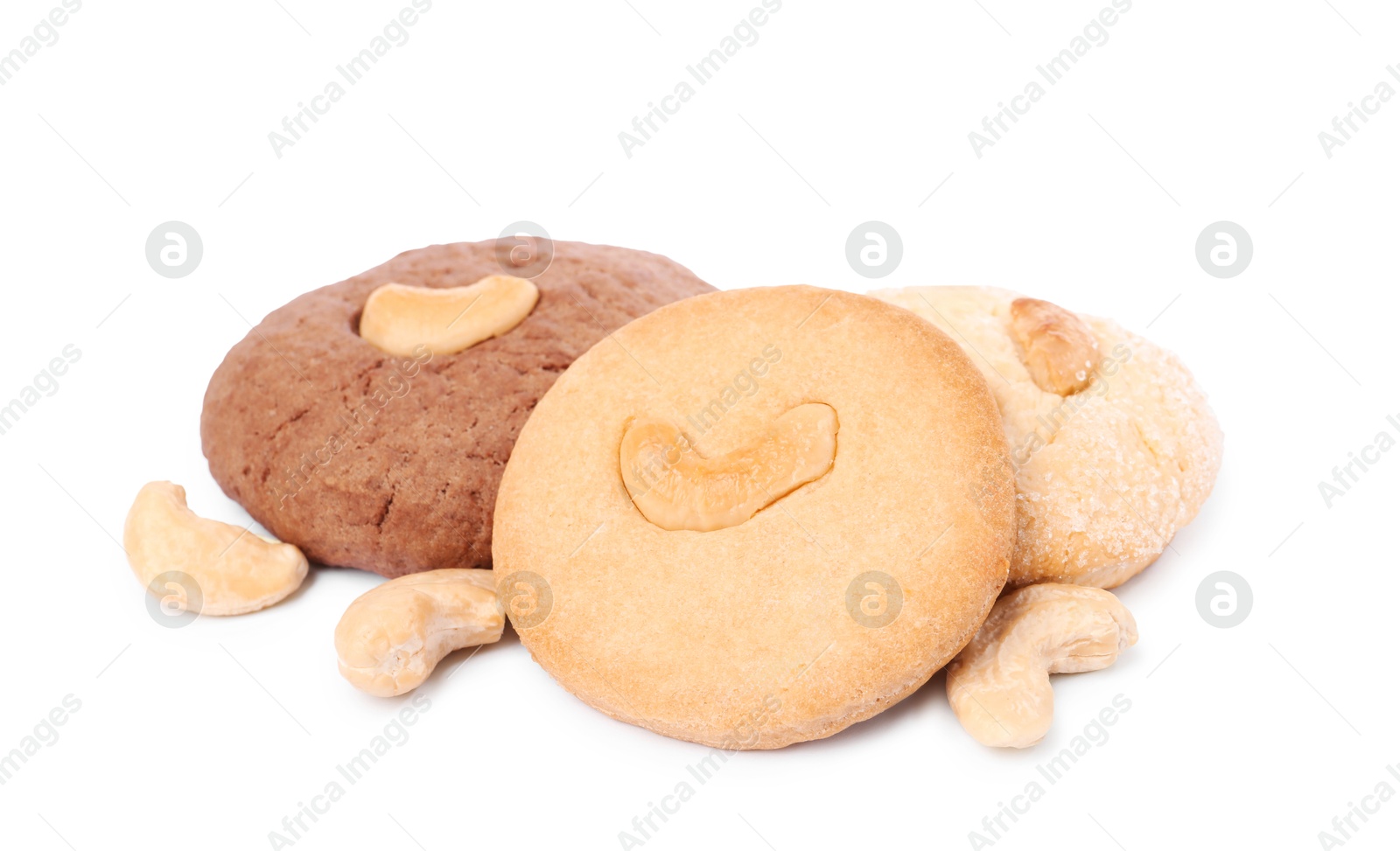 Photo of Different tasty cashew cookies isolated on white