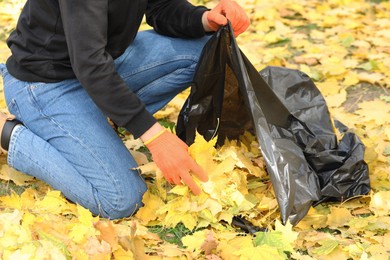 Man gathering fallen leaves into plastic bag outdoors, closeup