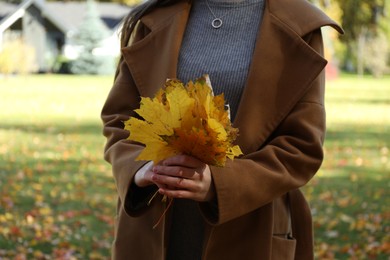 Photo of Woman holding bunch of beautiful yellow leaves in autumnal park, closeup