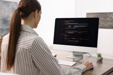 Photo of Programmer working on computer at wooden desk indoors, back view