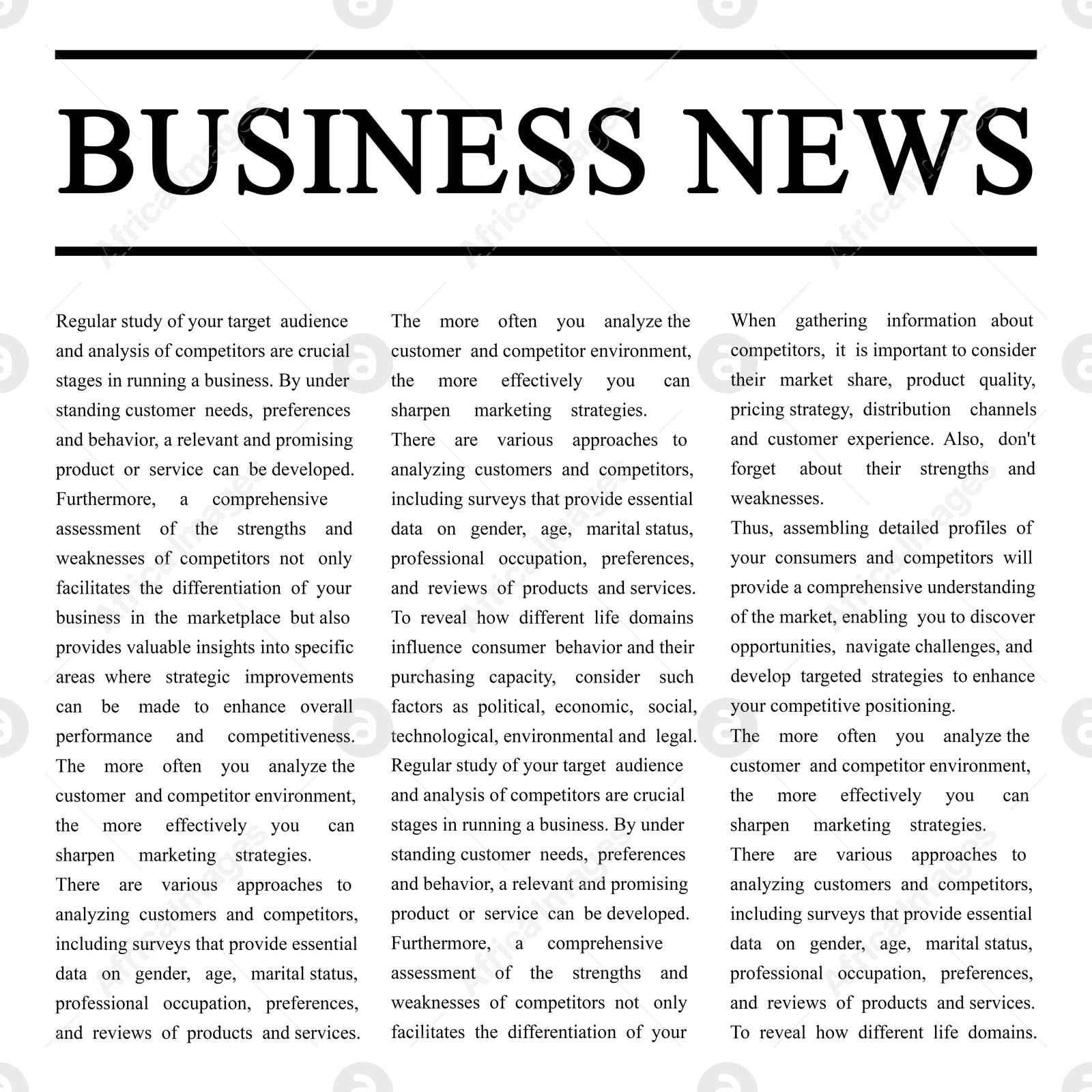 Image of Newspaper article. Title Business News and text on white background