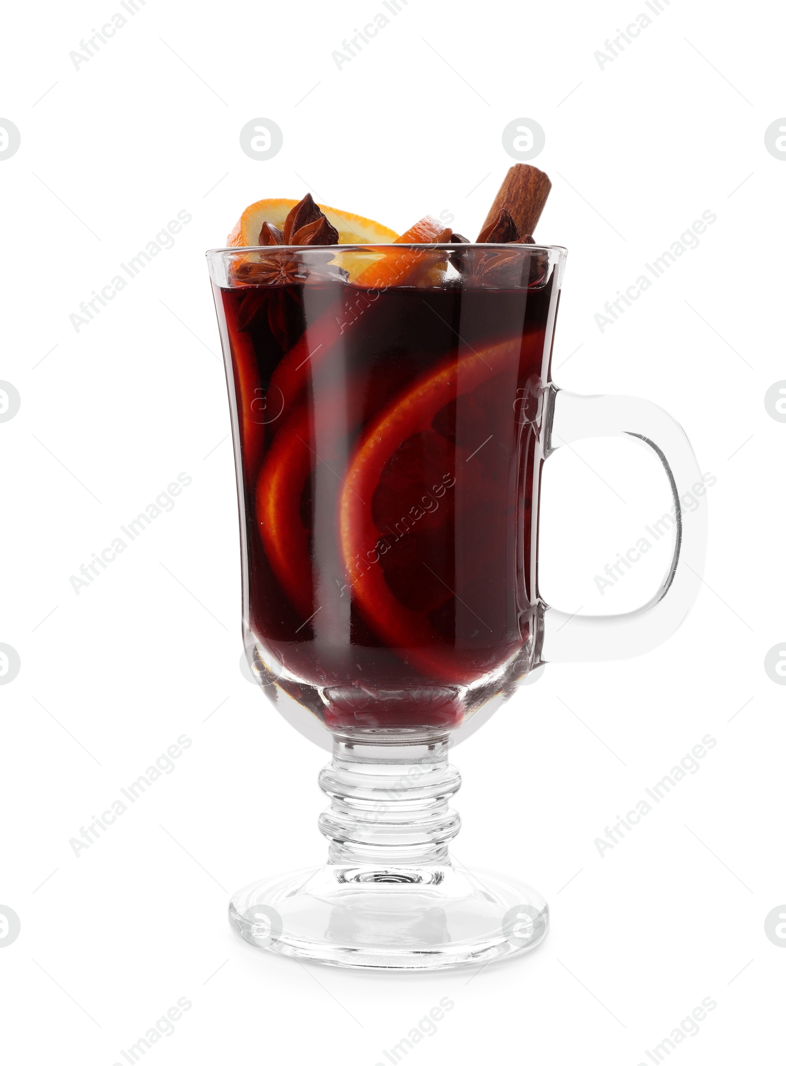 Photo of Tasty mulled wine with orange slices and spices isolated on white