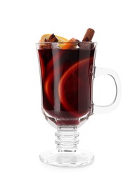 Photo of Tasty mulled wine with orange slices and spices isolated on white