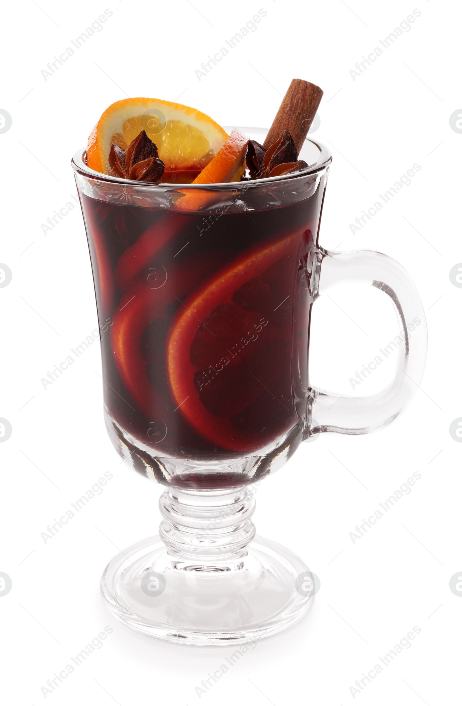 Photo of Tasty mulled wine with orange slices and spices isolated on white