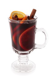 Photo of Tasty mulled wine with orange slices and spices isolated on white