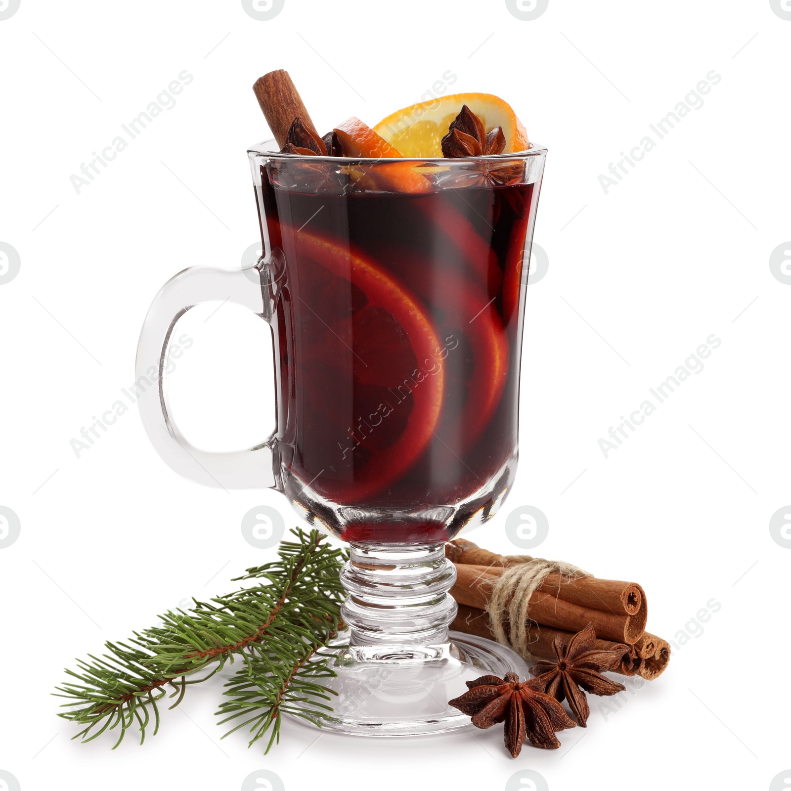 Photo of Tasty mulled wine, spices, orange slices and fir branches isolated on white. Christmas drink