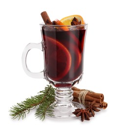 Photo of Tasty mulled wine, spices, orange slices and fir branches isolated on white. Christmas drink