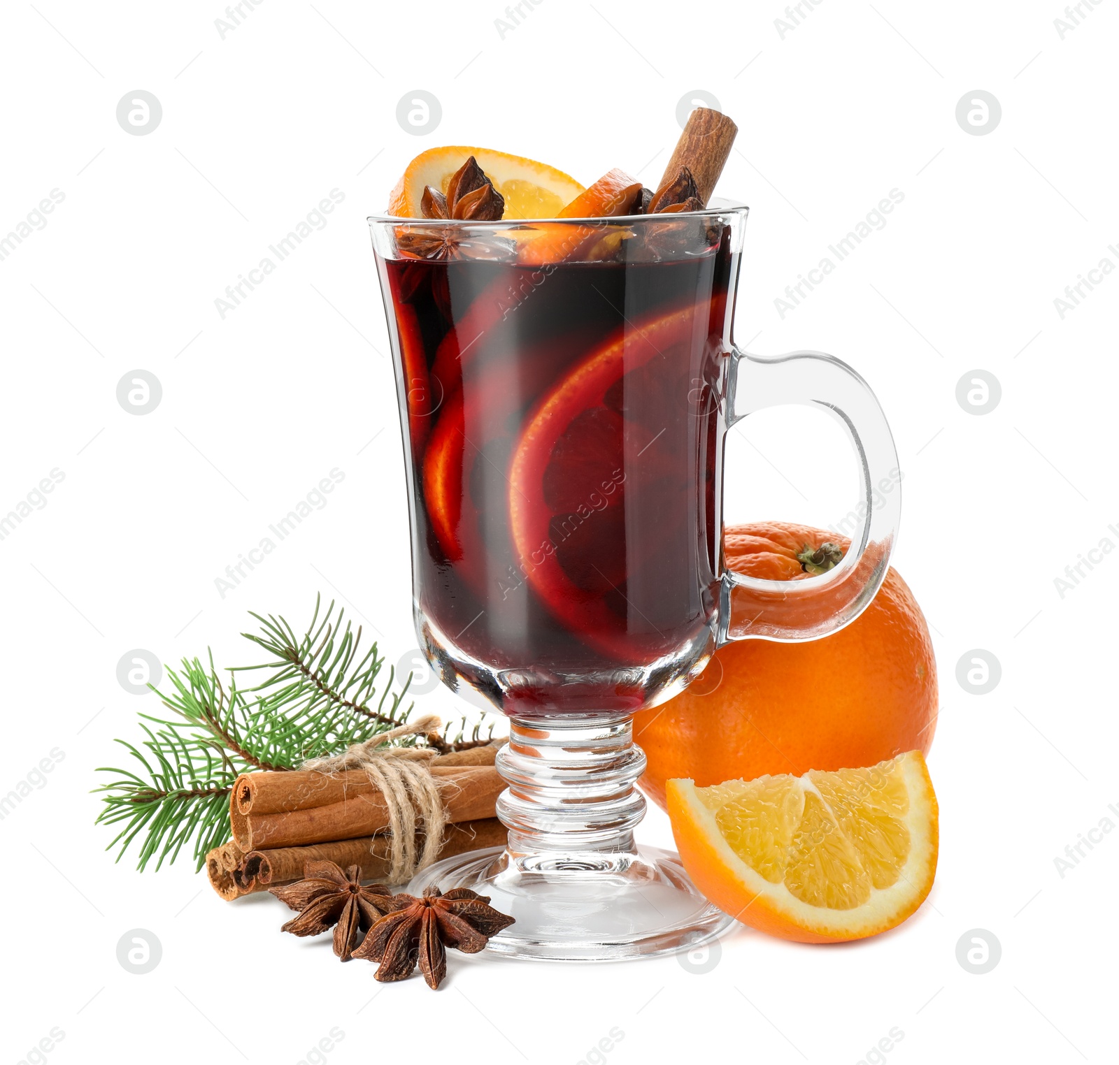 Photo of Tasty mulled wine, spices, orange and fir branches isolated on white. Christmas drink