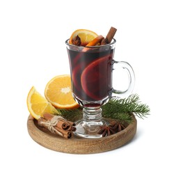 Photo of Tasty mulled wine, spices, orange and fir branches isolated on white. Christmas drink