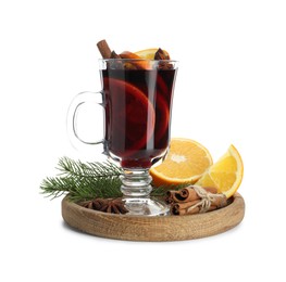 Photo of Tasty mulled wine, spices, orange and fir branches isolated on white. Christmas drink