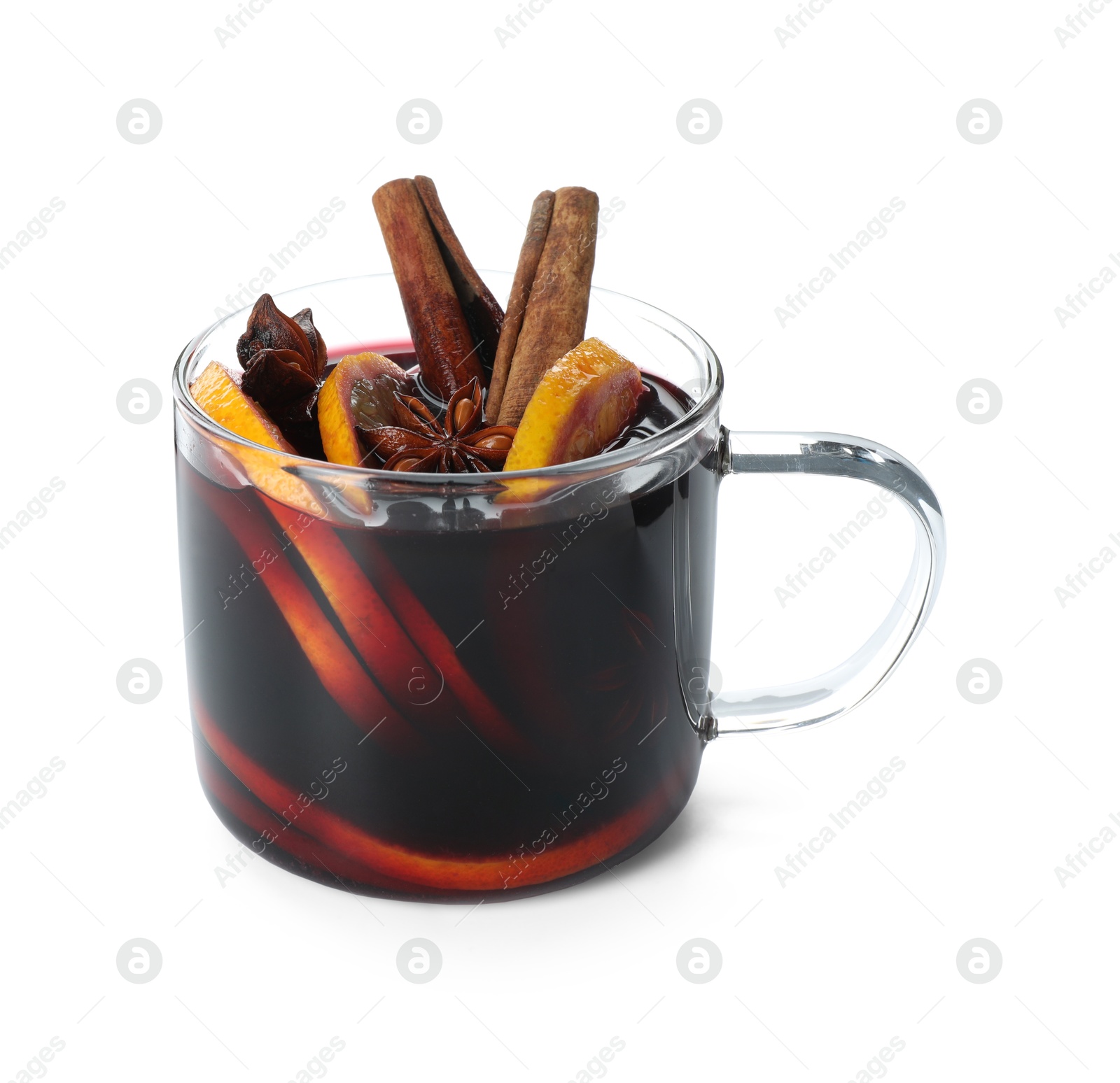 Photo of Tasty mulled wine with orange slices and spices isolated on white