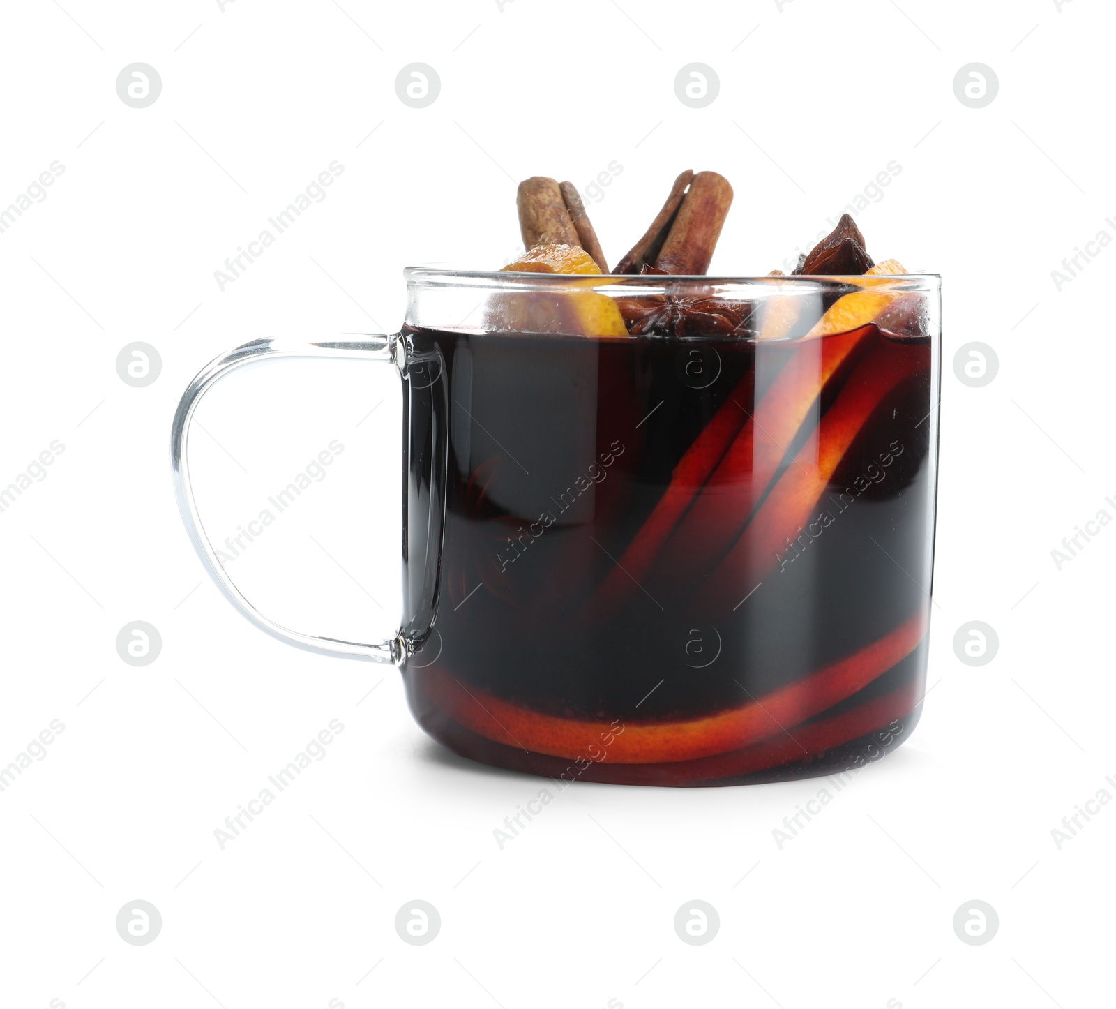 Photo of Tasty mulled wine with orange slices and spices isolated on white